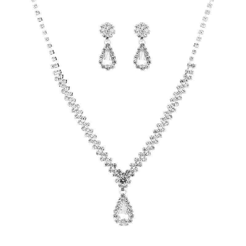 Rhinestone claw chain necklace and earrings set with water drop shaped pendants
