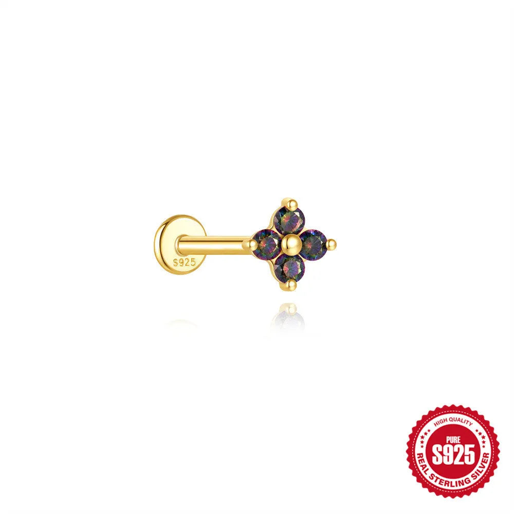 S925 sterling silver flat head thread piercing earring with super shiny rainbow stone, gold colour.