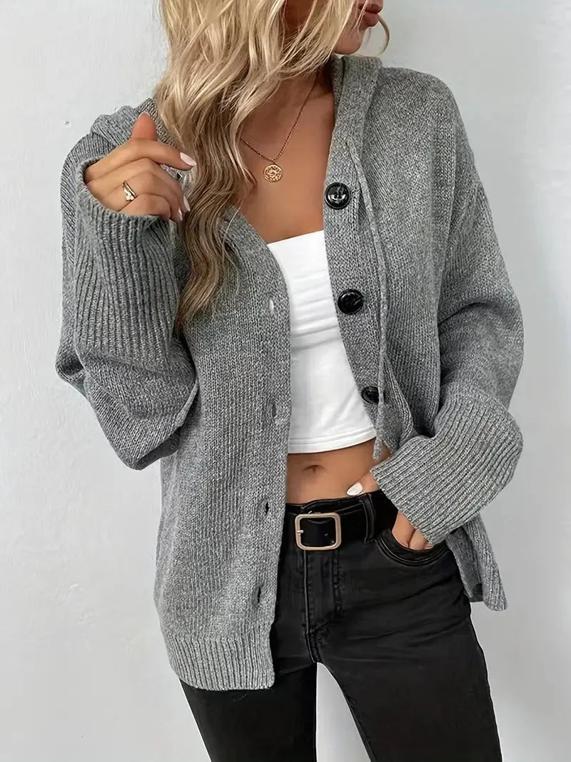 Cotton hooded cardigan sweater in loose fit with solid colour and 3D pattern detail