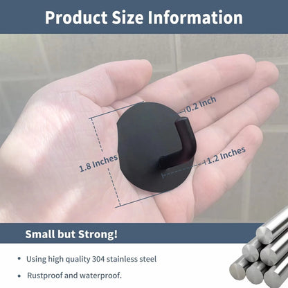 Two round stainless steel self-adhesive hooks, one black and one polished, for no-drill bathroom and kitchen hanging.