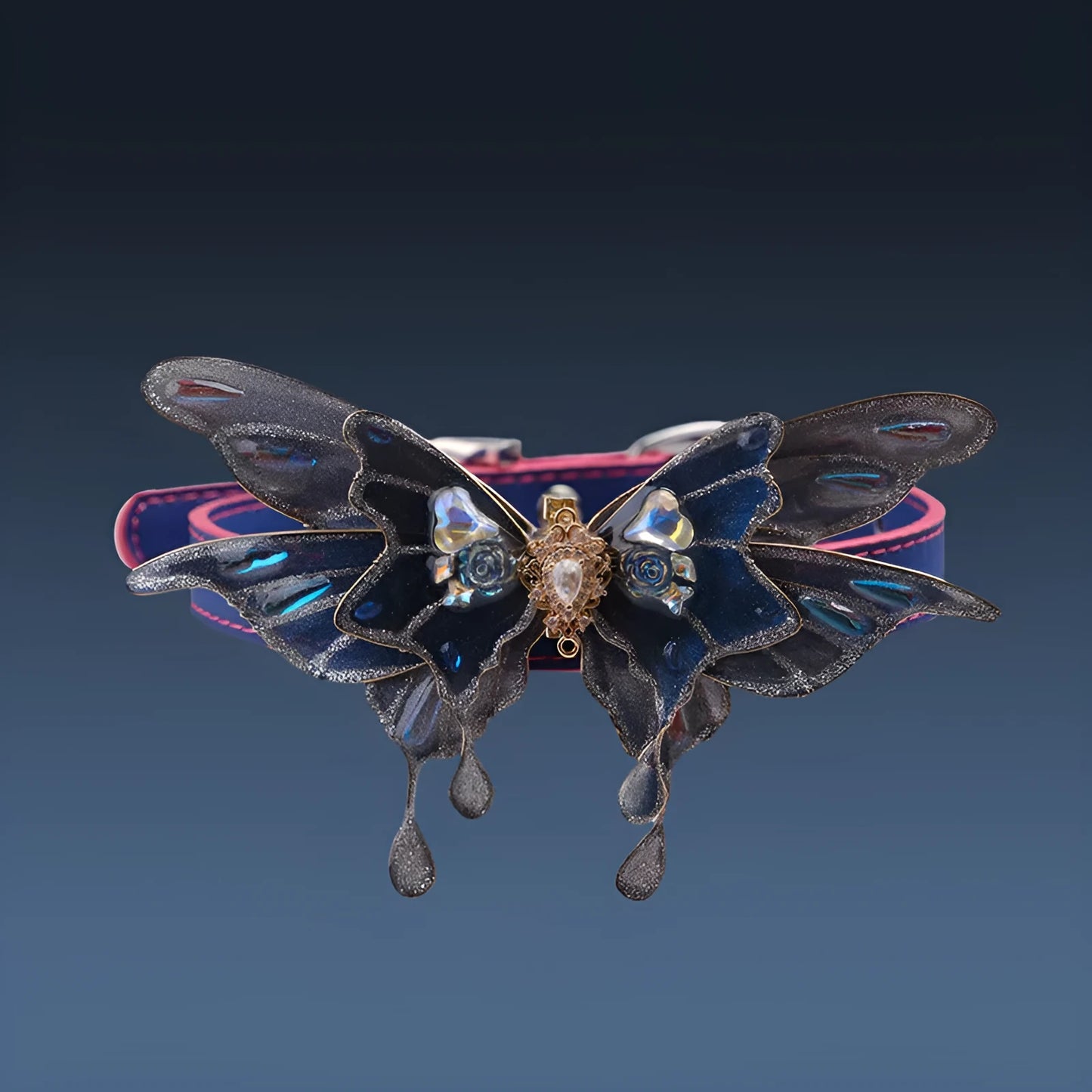 Purple colour-change butterfly rhinestone collar on an alloy chain, showing insect modelling.