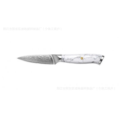 Damascus pattern VG10 steel chef's knife with a 21cm blade and simple handle on a wooden cutting board.