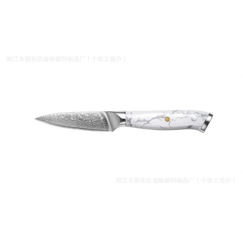 Damascus-patterned chef's knife with 21cm VG10 steel blade and ergonomic handle on a wooden cutting board.