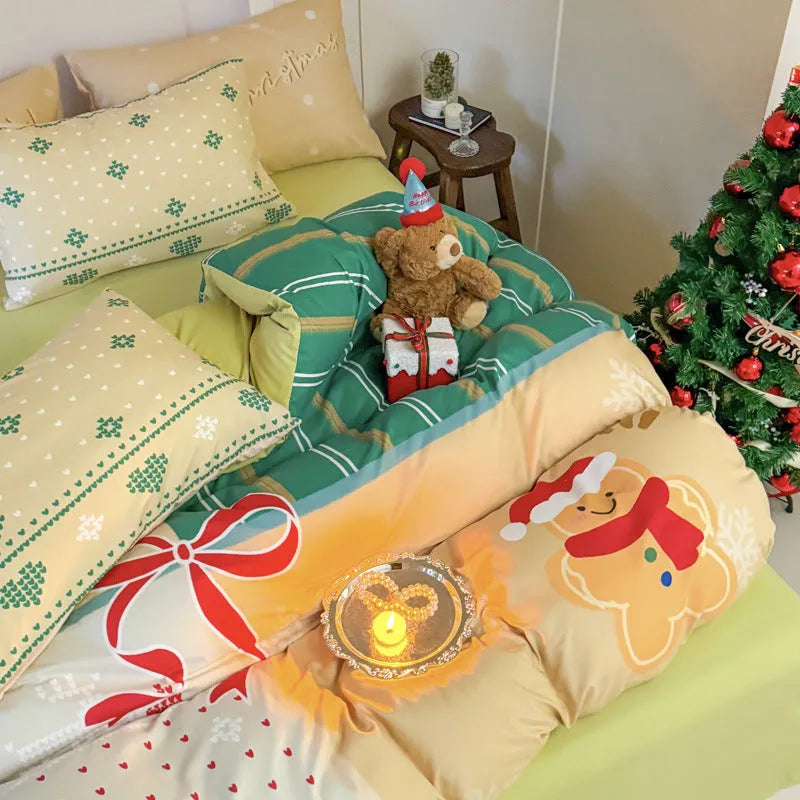 Christmas-themed four-piece bedding set with cartoon digital prints on super soft washed cotton