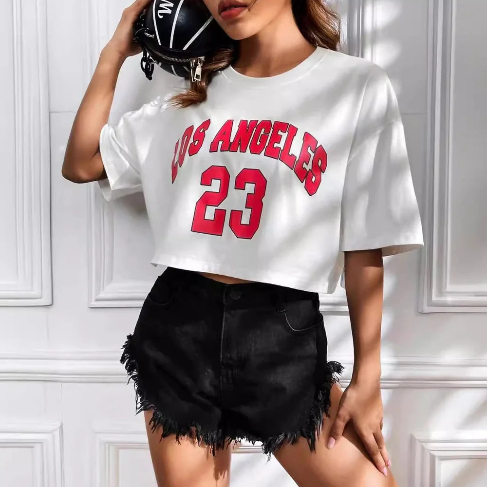 Personalised English letters summer t-shirt with exposed navel design in black or white with custom text printing