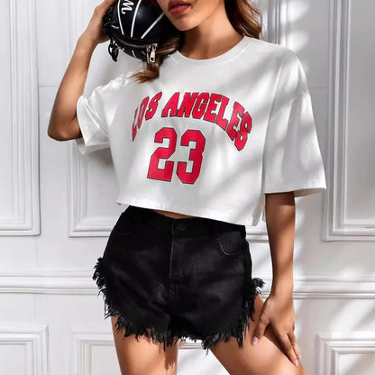 Personalised English letters summer t-shirt with exposed navel design in black or white with custom text printing