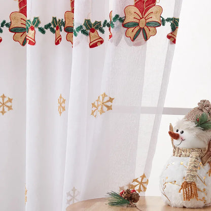 Pair of white Christmas curtains with embroidered snowflake design, semi-sunshade fabric for light control.