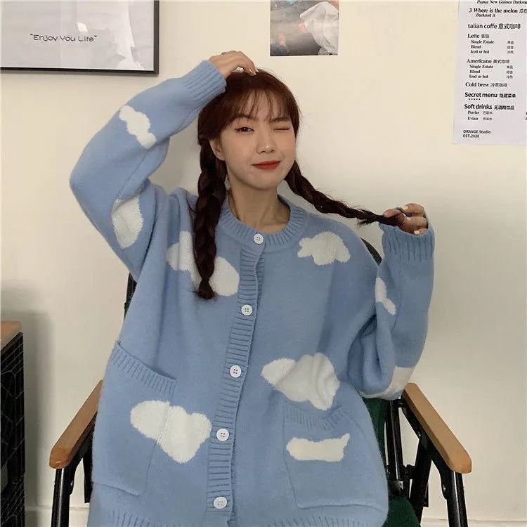 Women's blue cloud pattern cardigan sweater with long sleeves and loose fit