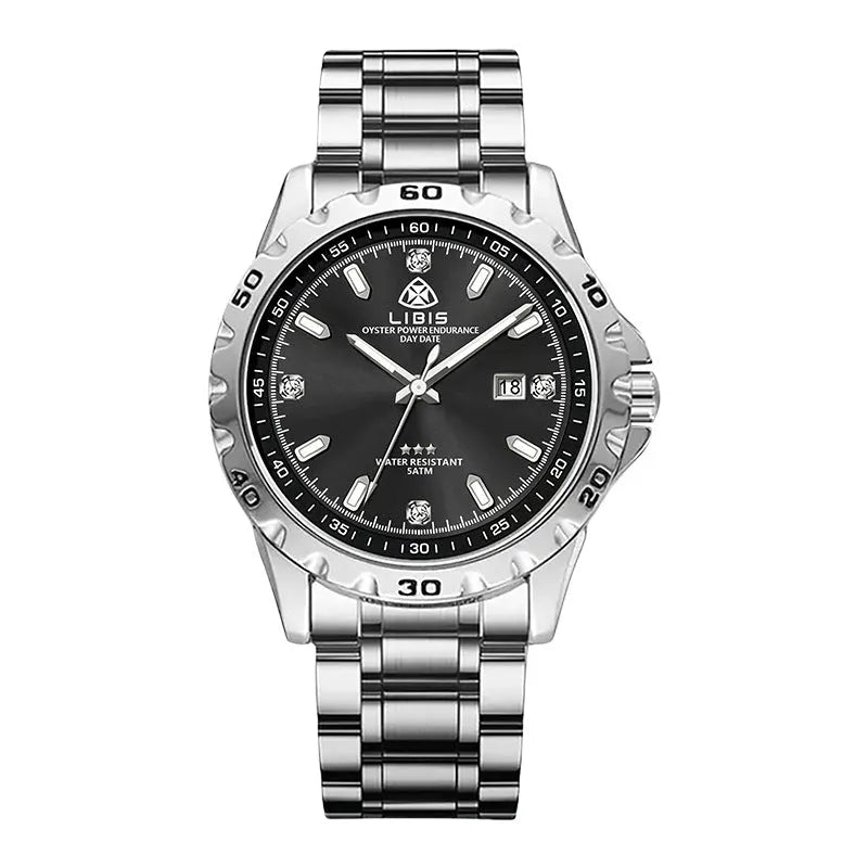 Silver men's waterproof watch with stainless steel strap and luminous grey dial.
