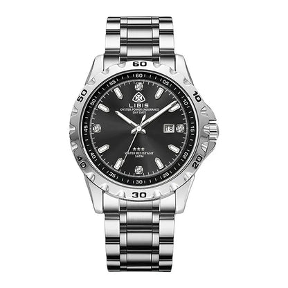 Silver men's waterproof watch with stainless steel strap and luminous grey dial.
