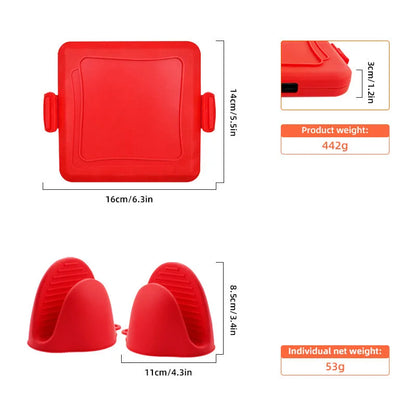 Red silicone baking tray with handbag-shaped mould and matching heat-resistant gloves on kitchen counter
