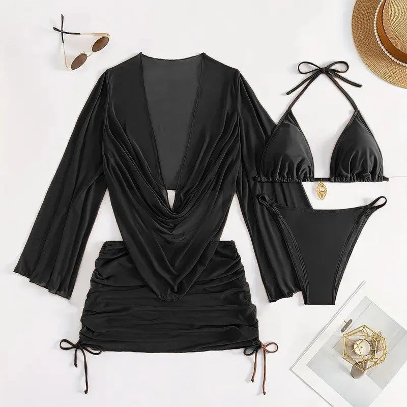 Women's dark brown lace-up front backless bikini set on a mannequin.
