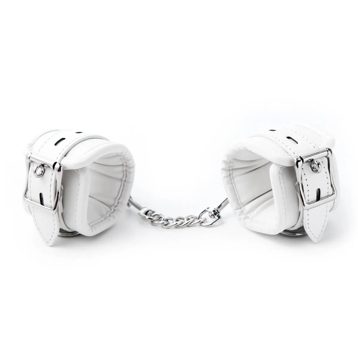 White PU sponge bondage set showing handcuffs, footcuffs and neck cuff for comfortable restraint