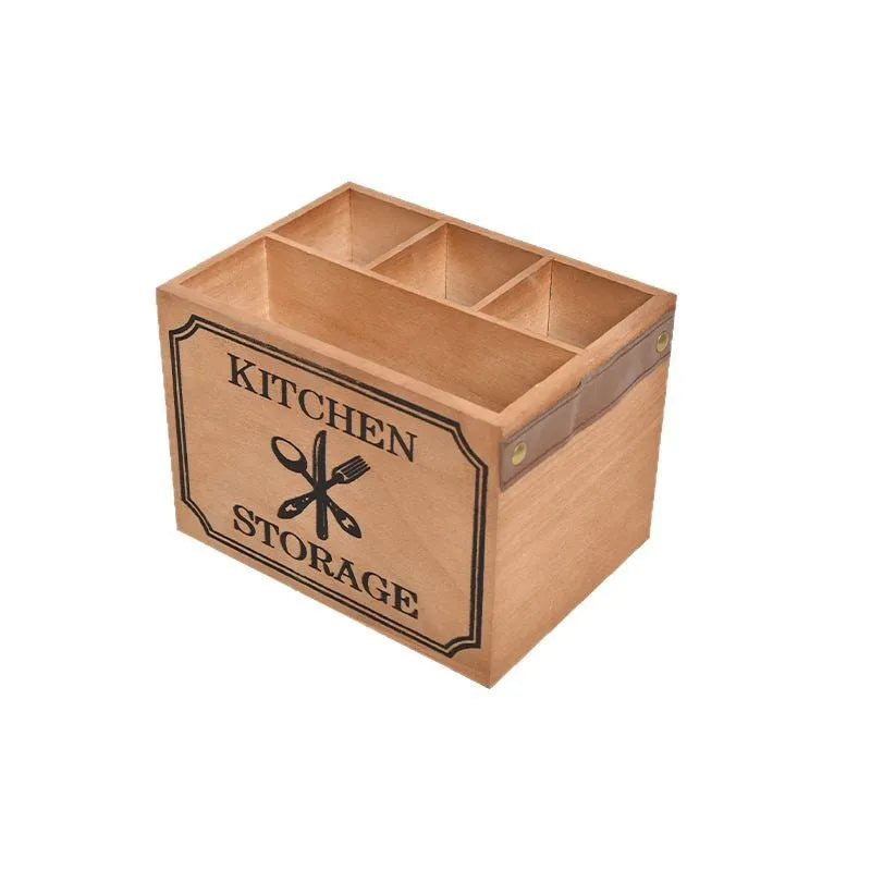 Solid wood kitchen storage box with internal grid divider for organising cutlery and chopsticks.