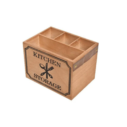 Solid wood kitchen storage box with internal grid divider for organising cutlery and chopsticks.