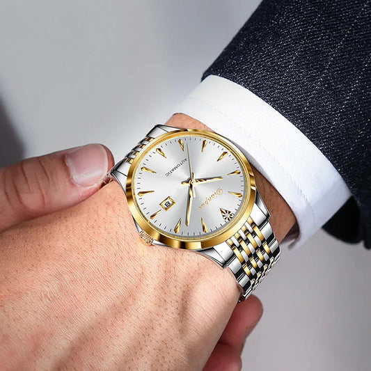 Men's automatic mechanical watch with simple dial, stainless steel case and strap, mineral glass