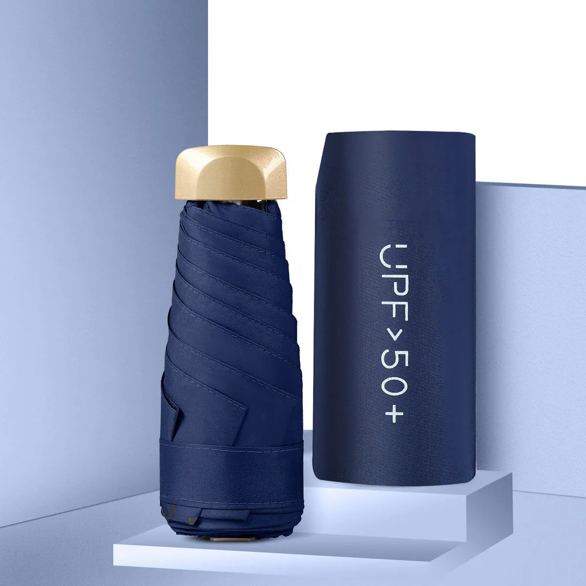 Five-fold pocket sun umbrella open showing 50cm diameter canopy in choice of 11 colours