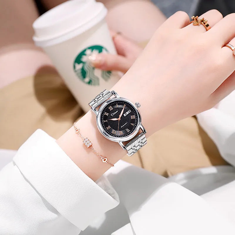 Women's automatic mechanical watch with 12mm thickness showing steel belt and leather strap options in various colours