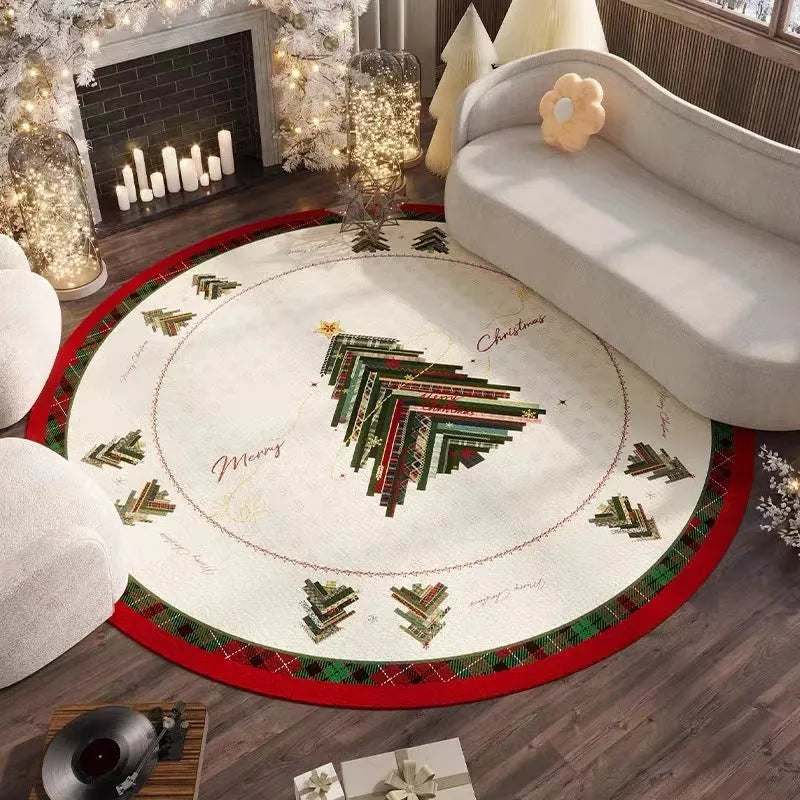 Round red Christmas carpet with festive pattern on a wooden living room floor.