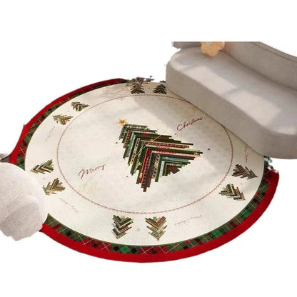 Round red Christmas carpet with festive pattern on a wooden living room floor.