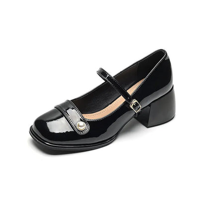 Women's apricot patent leather chunky heel ankle strap pumps with a square toe on a white background