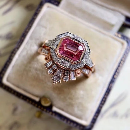 Rose gold geometric women's fashion ring with retro style design shown on finger