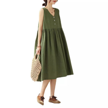 Japanese cotton linen sleeveless summer dress in green and beige with V-neck design