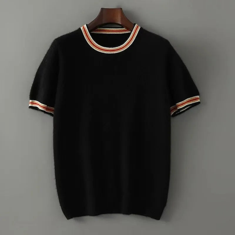 Men's round neck pure wool short sleeve sweater in grey showing 50cm length and regular sleeve design