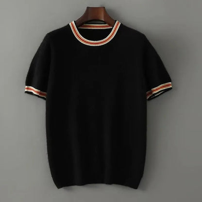 Men's round neck pure wool short sleeve sweater in grey showing 50cm length and regular sleeve design