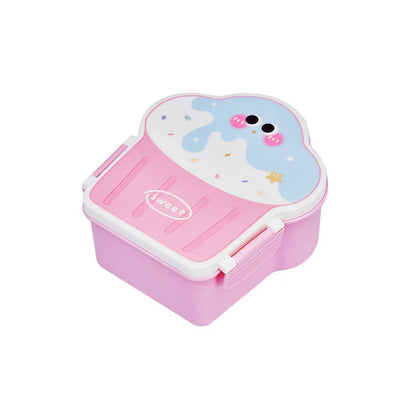 Pink and blue ice cream shaped plastic lunch boxes with compartments, includes spoon and fork