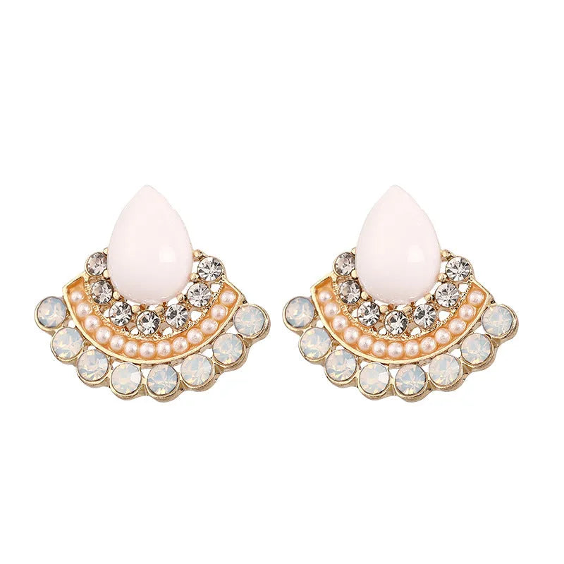 Women's retro sterling silver needle opal fan-shaped rhinestone earrings with geometric design and electroplated finish.