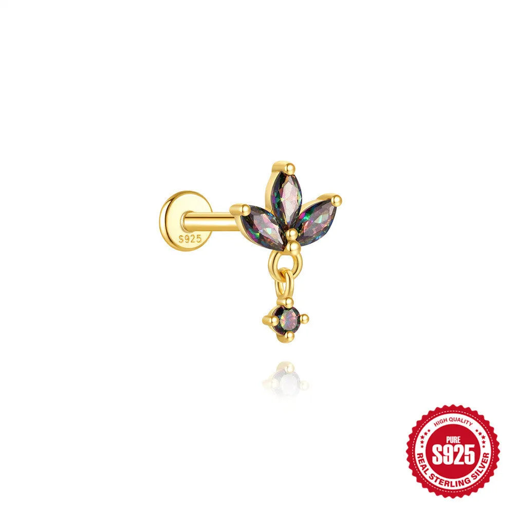 S925 sterling silver flat head thread piercing earring with super shiny rainbow stone, gold colour.