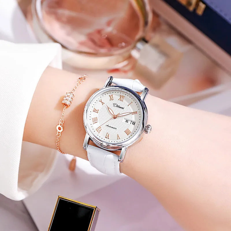 Women's automatic mechanical watch with 12mm thickness showing steel belt and leather strap options in various colours