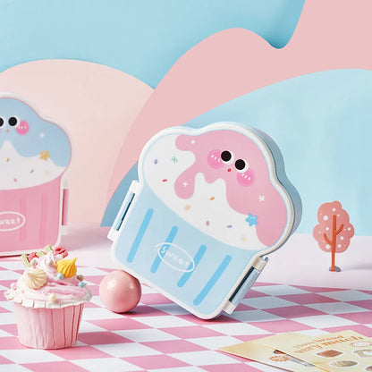 Pink and blue ice cream shaped plastic lunch boxes with compartments, includes spoon and fork