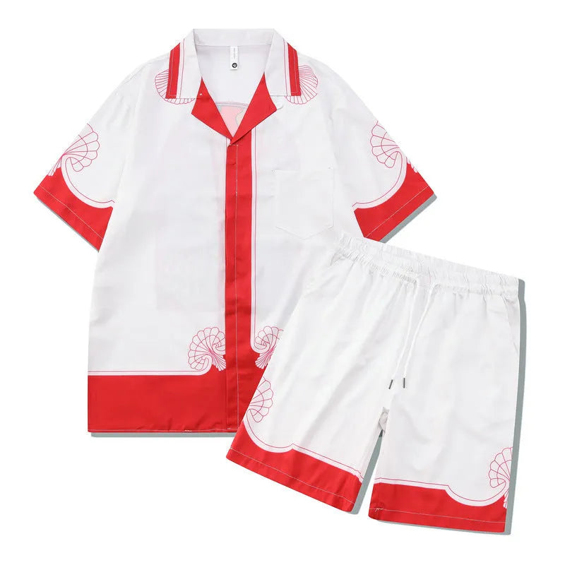 Men's and women's plaid pattern beach shirt outfit with top and trousers on mannequin
