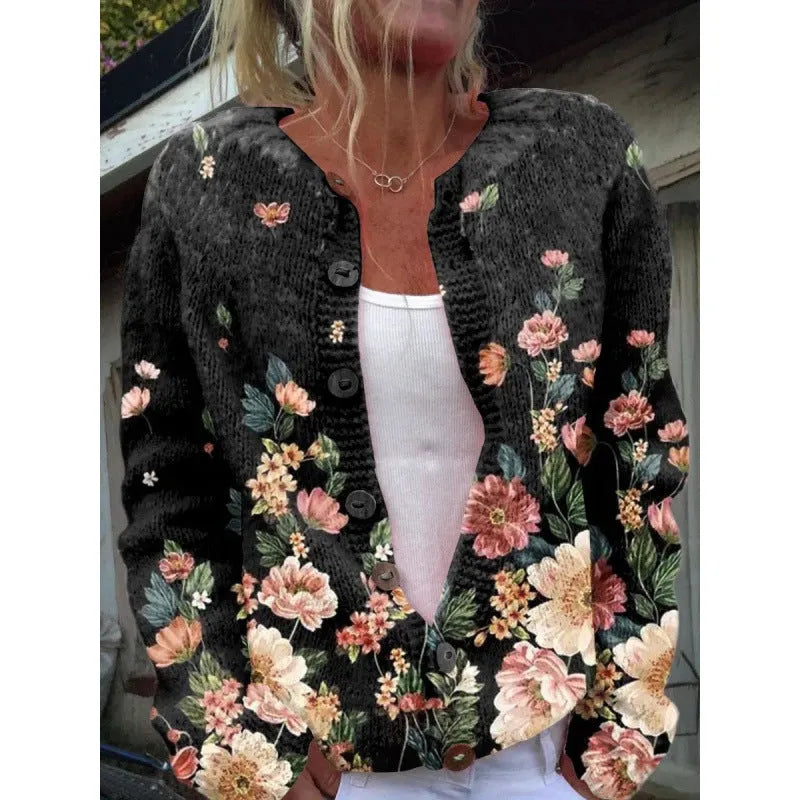 Women's long sleeve cardigan coat with a colourful digital print pattern, open front design