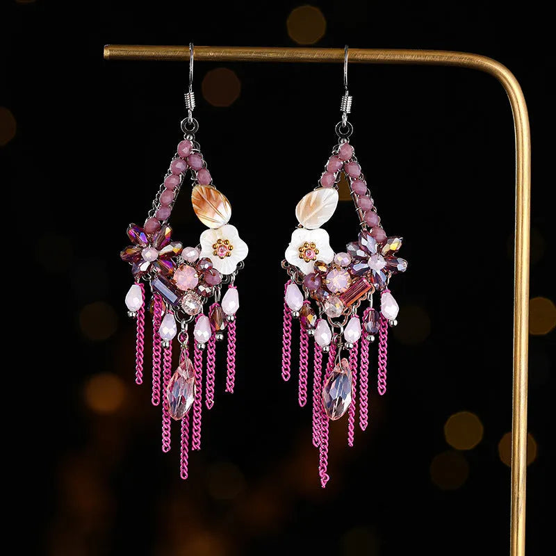 Hand-woven bohemian long earrings with artificial crystal detailing in red and black, champagne, or amethyst colours