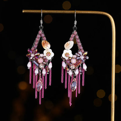 Hand-woven bohemian long earrings with artificial crystal detailing in red and black, champagne, or amethyst colours