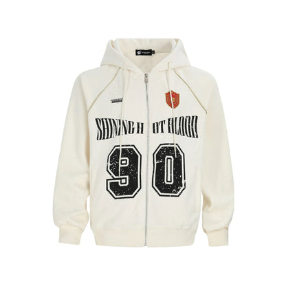 Women's American retro loose hooded jacket with letter embroidery in cotton blend fabric