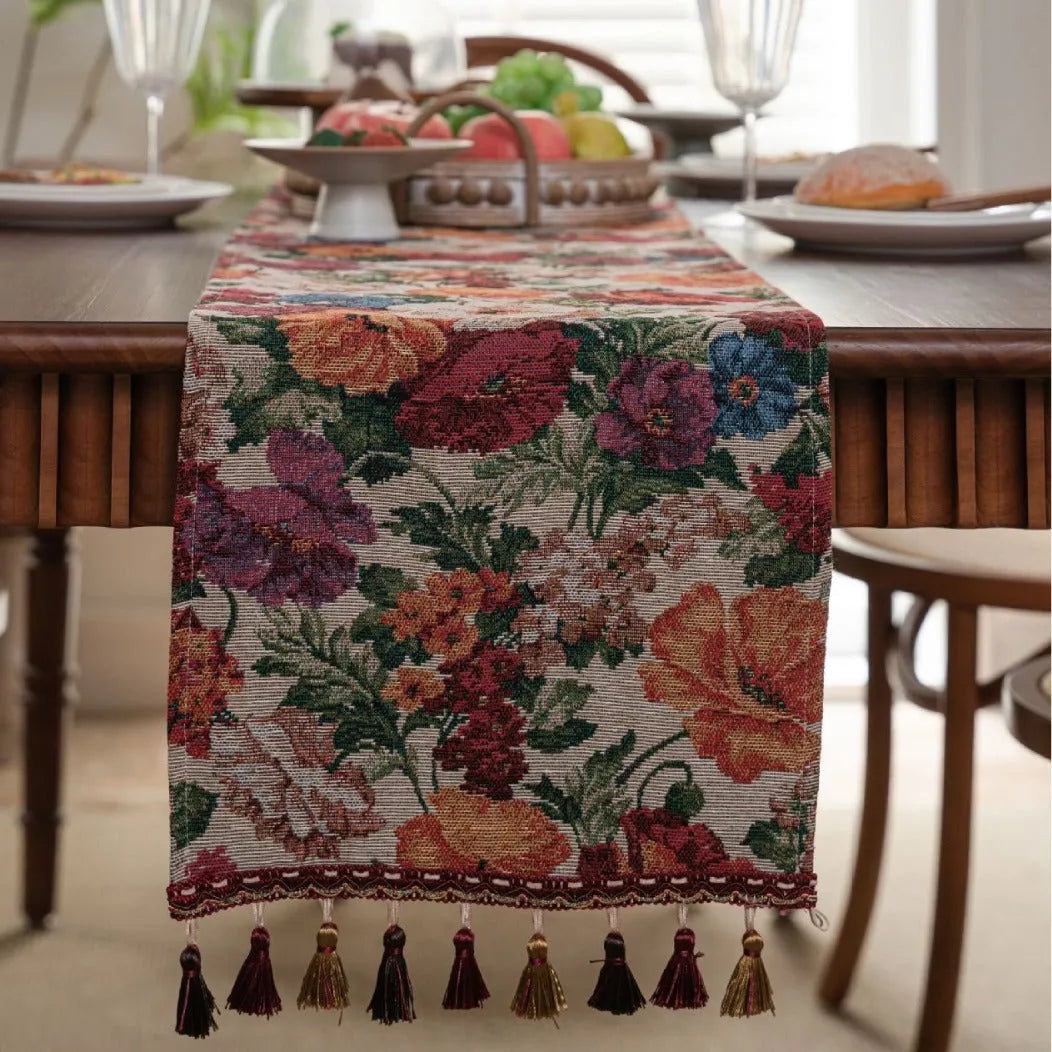 Beige jacquard table runner with long tassels and floral patterns, sizes 33x120cm to 33x400cm