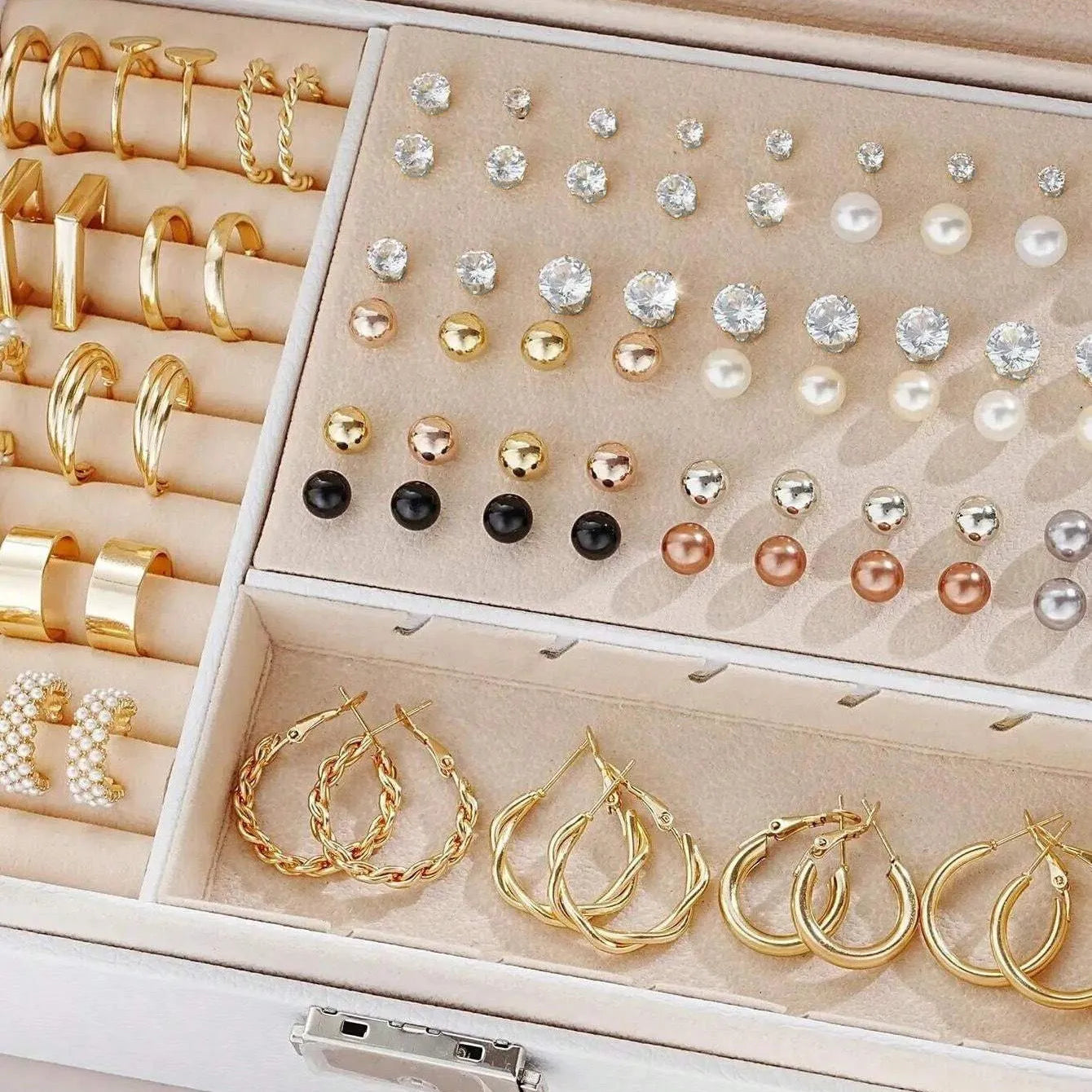108-piece alloy earrings set with geometric shapes and round pearl elements in gold and yellow electroplated finish