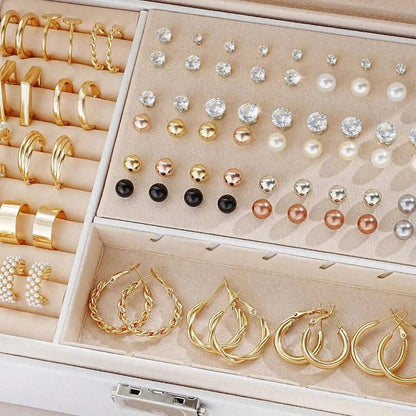 108-piece alloy earrings set with geometric shapes and round pearl elements in gold and yellow electroplated finish