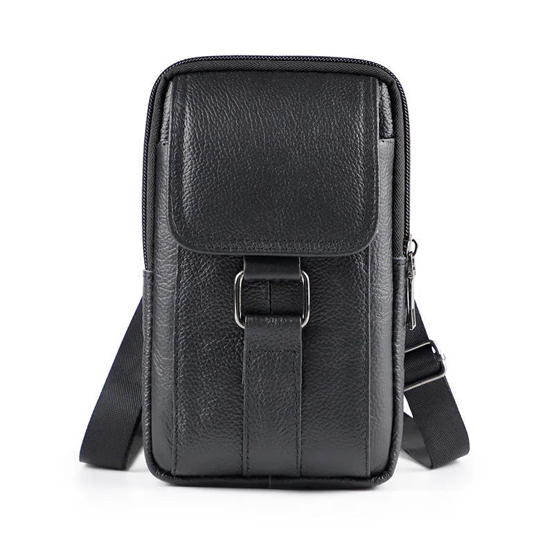 Men's black genuine leather waist bag with lock, coin pocket, and crossbody strap for daily urban use