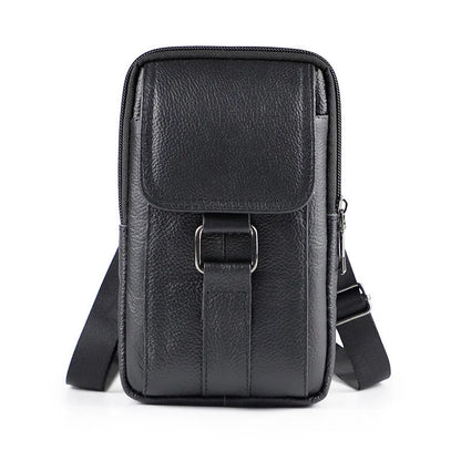 Men's black genuine leather waist bag with lock, coin pocket, and crossbody strap for daily urban use