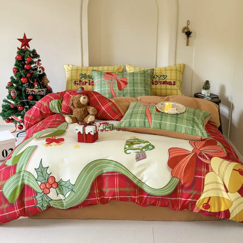 Christmas-themed four-piece bedding set with cartoon digital prints on super soft washed cotton
