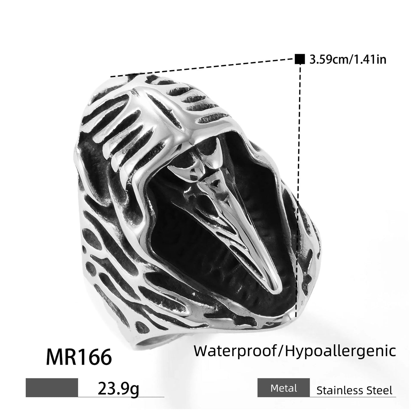 Crow motif geometric punk ring in titanium steel with retro styling in colour MR166