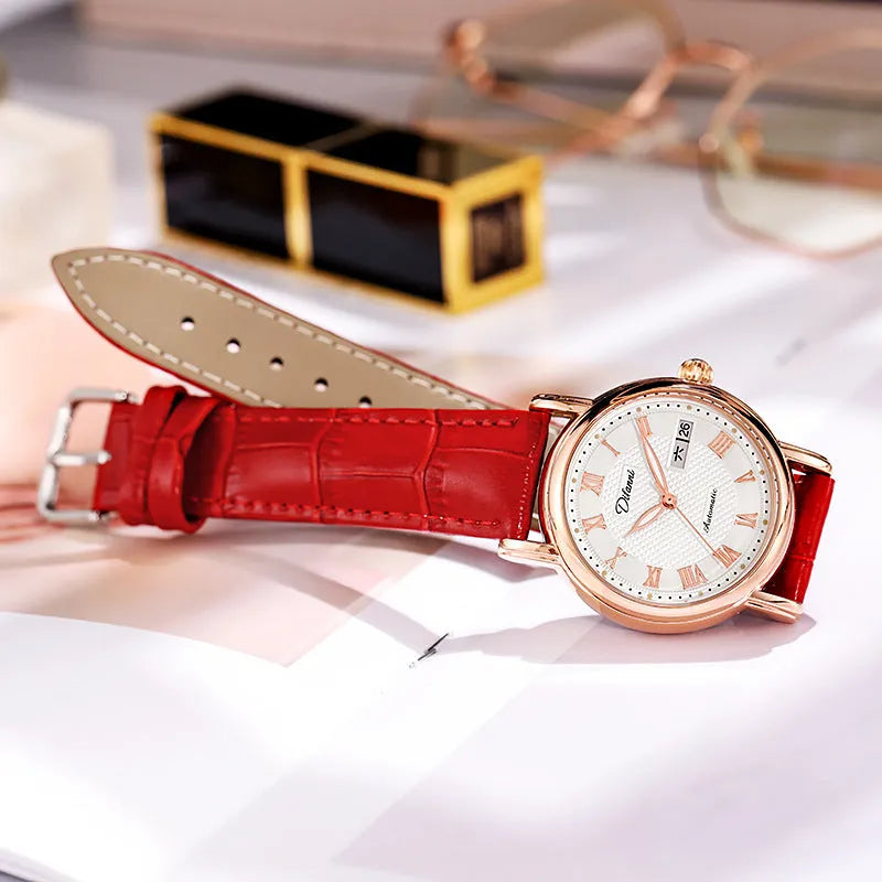 Women's automatic mechanical watch with 12mm thickness showing steel belt and leather strap options in various colours