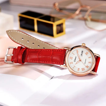 Women's automatic mechanical watch with 12mm thickness showing steel belt and leather strap options in various colours