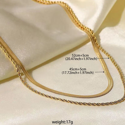Women's adjustable double-layer twist necklace with titanium steel geometric pendant on snake bones chain, showing 21-50cm length range