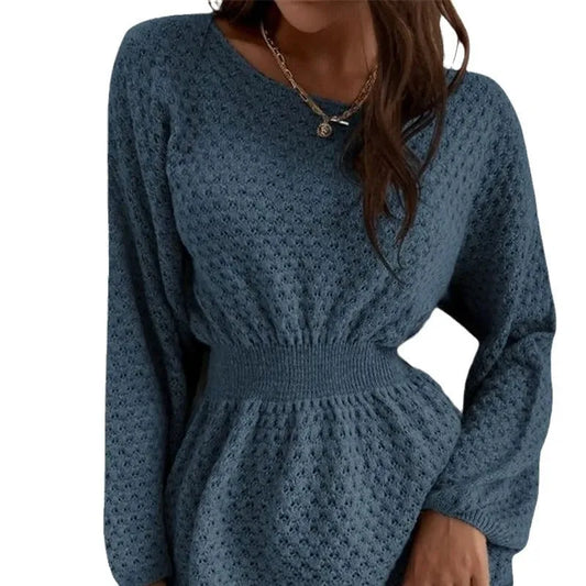 Blue women's dress with hand-crocheted floral details, fitted waist, and 65cm length